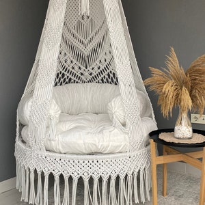 White Cotton Macrame Swing, Hanging Chair, Hängesessel, Swing Chair, Macrame Rocking Swing Chair, hanging chair indoor, chair hanging indoor