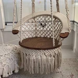 Cotton Macrame Wood Swing, Hanging Chair, Tree Swing, Outdoor indoor Swing, Wedding Swing, Boho Swing, Rocking Chair, Adult and Kid Chair