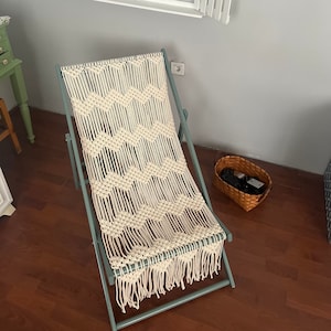 Macrame Deck Chair, Folding Sun Lounger, Macrame Chaise Lounge, Sunbed, Macrame Beach Lounger