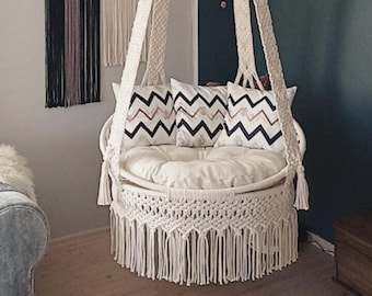 Silla colgante de macramé, silla colgante, silla colgante de interior, silla colgante de macramé, silla colgante en el dormitorio, hängesessel, hamaca columpio