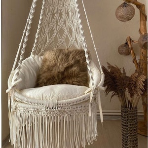 Macrame Hanging Chair, Macrame Porch rocking swing, Hammock Chair, Macrame Round Swing, Hanging Cotton Macrame Hammock Chair