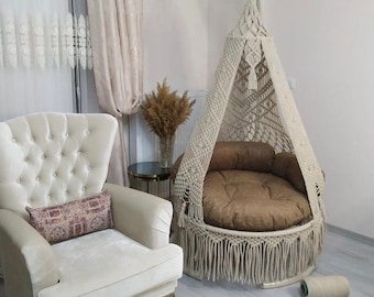 Macrame Swing, Macrame Hammock Chair, Macrame Round Swing, Hanging Cotton Macrame Hammock Chair, Macrame Swing Chair, Macrame handmade Swing