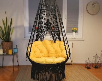 Black Macrame Swing, Cotton rope Hanging Chair, Macrame Swing Chair, Outdoor Swing, Indoor Swing, Adult Swing chair, Bedroom hanging chair