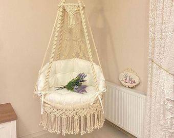 Columpio de macramé, hamaca de macramé, columpio redondo de macramé, hamaca colgante de macramé de algodón, columpio de macramé, columpio de macramé hecho a mano