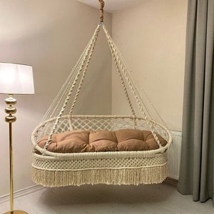 Große Makramee-Veranda-Schaukelschaukel, Hängebett, wetterfeste Schaukel für Erwachsene und Kinder, Innenschaukel, Außenschaukel, Makramee-Baumwollhängesessel