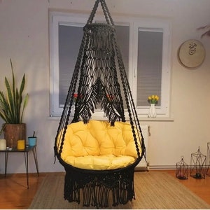Black Macrame Swing, Cotton rope Hanging Chair, Macrame Swing Chair, Outdoor Swing, Indoor Swing, Adult Swing chair, Bedroom hanging chair