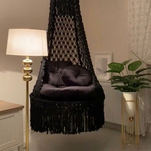 Black Macrame Swing, Macrame Hammock Chair, Macrame Round Swing, Hanging Cotto Macrame Hammock Chair, Macrame Chair, Macrame handmade Swing