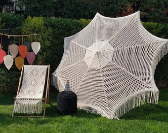 Macrame Beach Umbrella, Con marco de paraguas, sombrilla de playa con flecos beige, sombrilla macrame hecha de madera de haya, Boho Style Macrame Umbrella