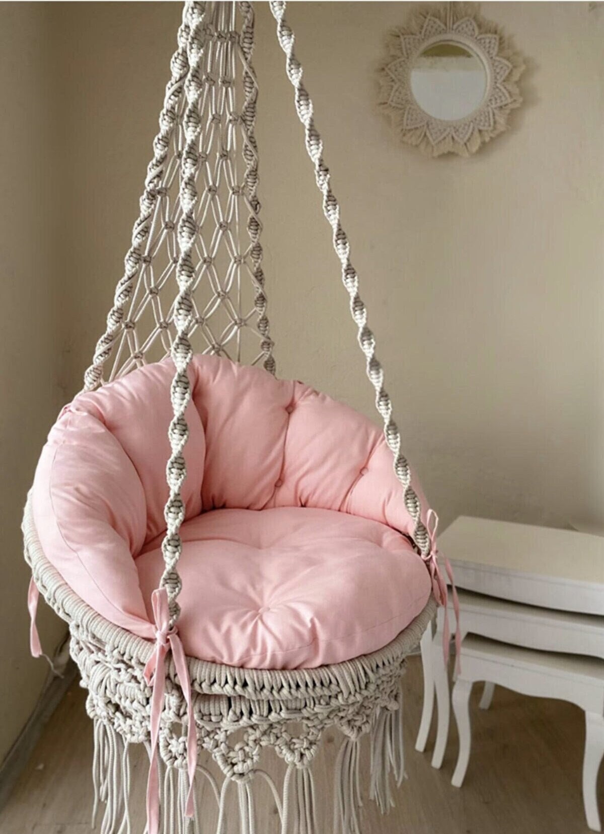 Columpio de madera rosa para árbol – Silla hamaca colgante con luz LED para  niños y adultos, hamaca de madera blanca para interiores y exteriores