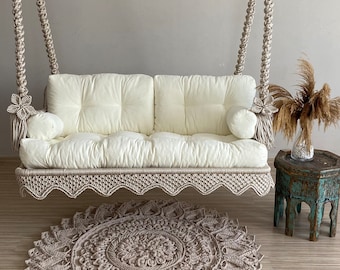 Macrame Balcony Swing, Garden swing for home decor, Hanging Chair, Rocking Bed Swing, Hanging Porch Swing, Balcony Swing, Farmhouse Swing