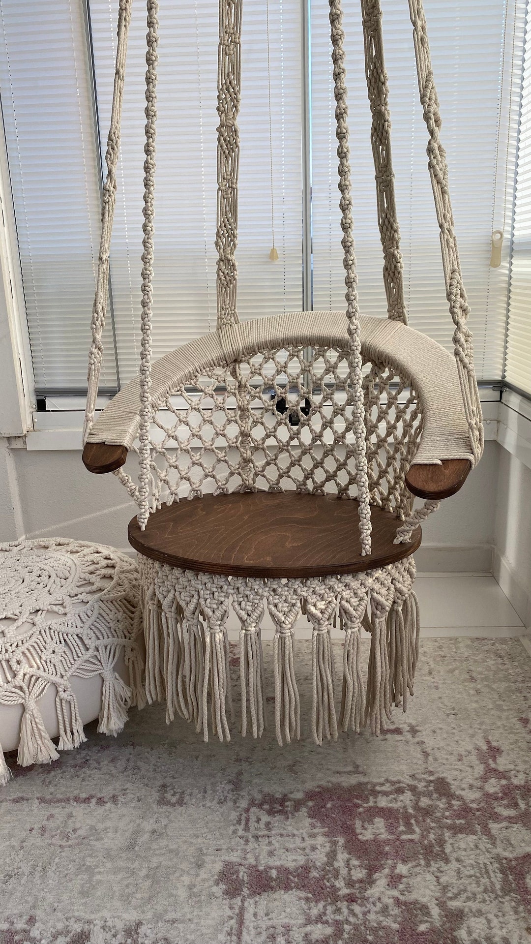 Cotton Macrame Wood Swing, Hanging Chair, Tree Swing, Outdoor Indoor Swing, Wedding Swing, Boho