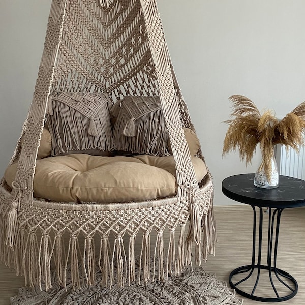 Brown Cotton Macrame Swing, Hanging Chair, Hängesessel, Swing Chair, Macrame Rocking Swing Chair, hanging chair indoor, chair hanging indoor