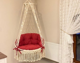 Macrame Hammock Chair, Macrame Round Swing, Hanging Cotton Macrame Hammock Chair, Macrame Swing Chair, Macrame Hanging Chair
