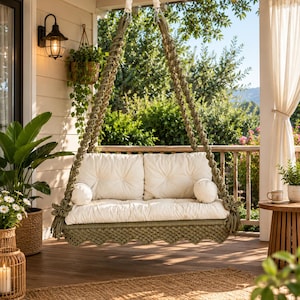 May include: A hanging porch swing featuring a sage green macrame frame with intricate knotted patterns and a scalloped edge. The swing includes two tufted off-white seat cushions and two matching round bolster pillows, suspended by thick braided ropes.