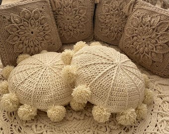 Decorative Round Pillow, Knitted floor cushion, Pompom round Pillow  and Square knitted pillow, bohemian decor, Crochet Pillow