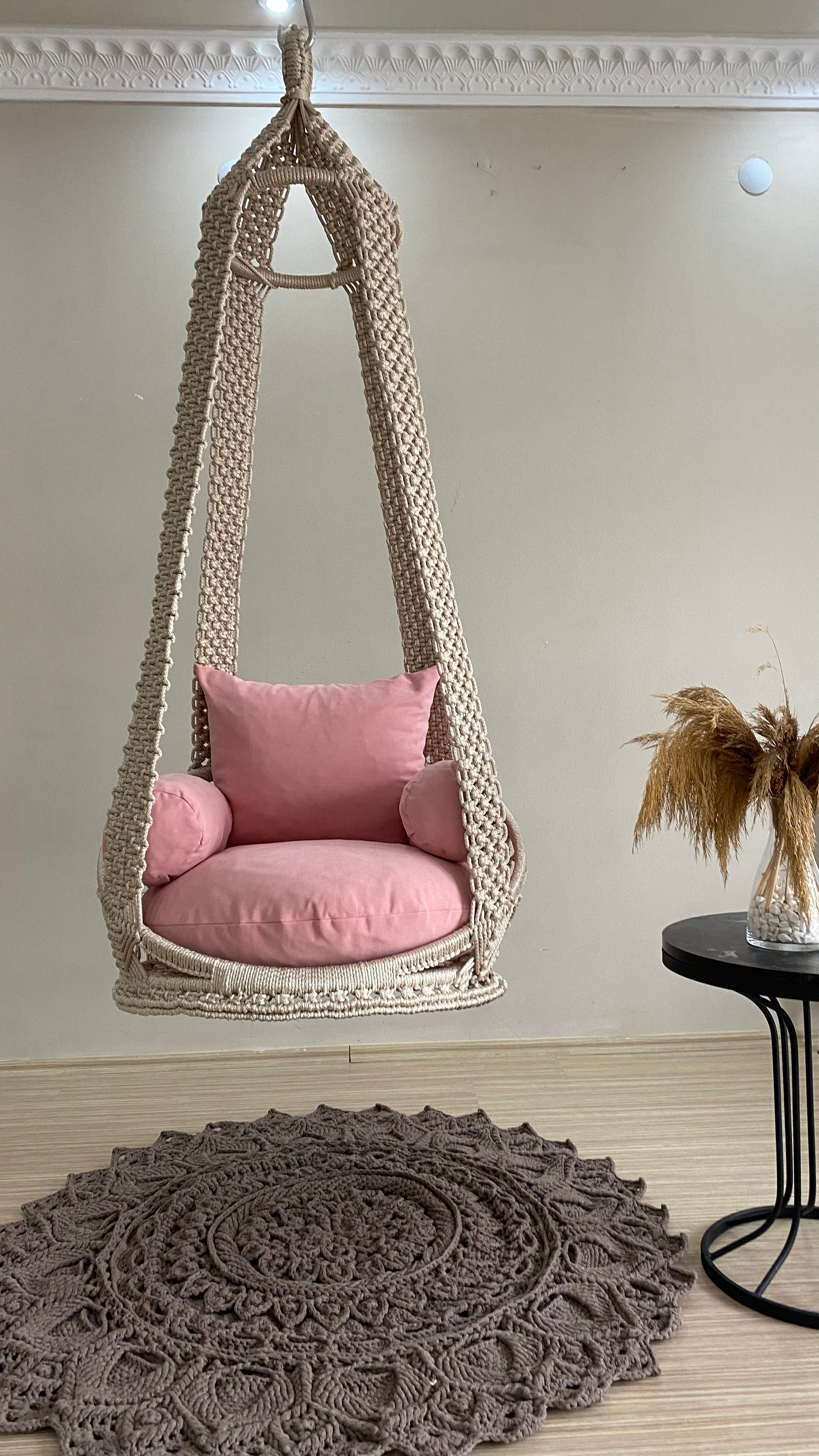 Pink Cushioned Macrame Swing 25 Colors, Hanging Chair, Hängesessel
