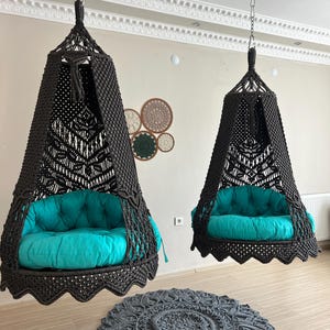 Black Macrame Hanging Swing Chair: Indoor/Outdoor Boho Decor