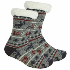Men's Chunky Knitted Lounge Fair isle Bed Slipper Sherpa Lined Socks Size 6-11