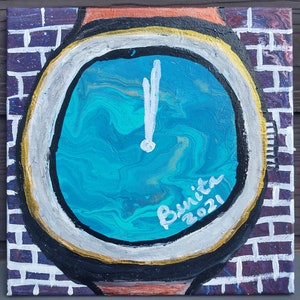 May include: A blue and green abstract painting of a clock face with white hands. The clock is set to 1 o'clock. The painting is signed "Builta 2021".