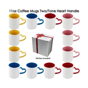 12 tazas de café de sublimación de 11 oz en blanco, asa de corazón de dos tonos, 2 colores a elegir