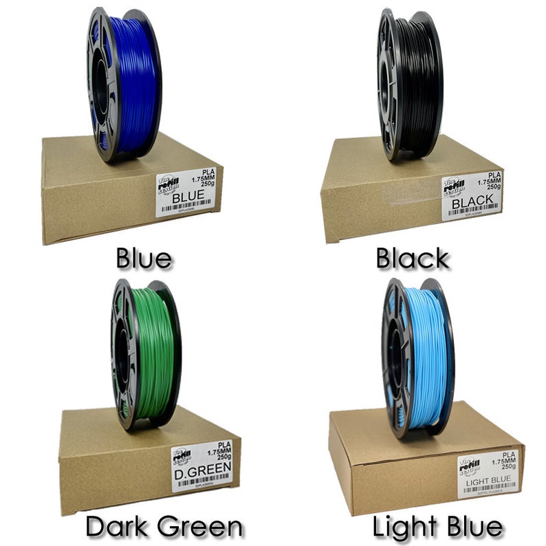 Peut inclure: Quatre bobines de filament PLA de 1,75 mm pour l'impression 3D. Les couleurs sont bleu, noir, vert fonc&eacute; et bleu clair. Chaque bobine est &eacute;tiquet&eacute;e avec la couleur et le mat&eacute;riau.