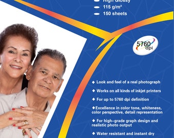 150 Sheets Photo Paper, Premium High Glossy Letter Size, 115gram Weight.