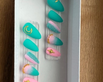 Moon Star Nails | Pastel Nails | Press on Nails | Reusable Gel Full Extension Nails | Matte Press on Nails