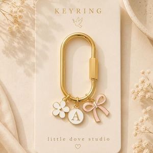 Custom Initial Charm Keychain | Gold Carabiner Key Ring | Personalized Bow & Flower Bag Charm Gift for Her