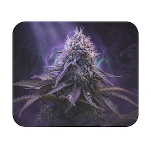 May include: A rectangular mouse pad featuring a central cannabis flower bud with purple and green leaves, accented by clear water droplets. The background displays a dark purple atmosphere with faint, glowing circular symbols and mushroom silhouettes.