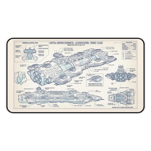May include: A rectangular desk mat featuring a technical schematic of a Xenos class capital cruiser. The print includes detailed line drawings of the spaceship from multiple angles, labeled components, a legend, and specifications in black and blue.