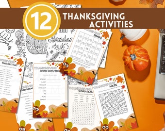 May include: A set of 12 Thanksgiving-themed printable activity sheets featuring a turkey illustration and fall colors. The activities include a word search, word scramble, bingo, maze, and "this or that" game.