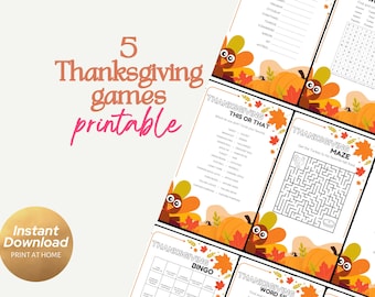 May include: Five printable Thanksgiving games featuring a turkey, pumpkins, and fall leaves. The games include a word search, maze, bingo, this or that, and a word scramble.