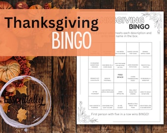 May include: A printable Thanksgiving Bingo card with a black and white design. The card has a free space in the center and 24 other squares with various Thanksgiving-themed activities and descriptions. The text at the bottom of the card reads "First person with five in a row wins BINGO!"