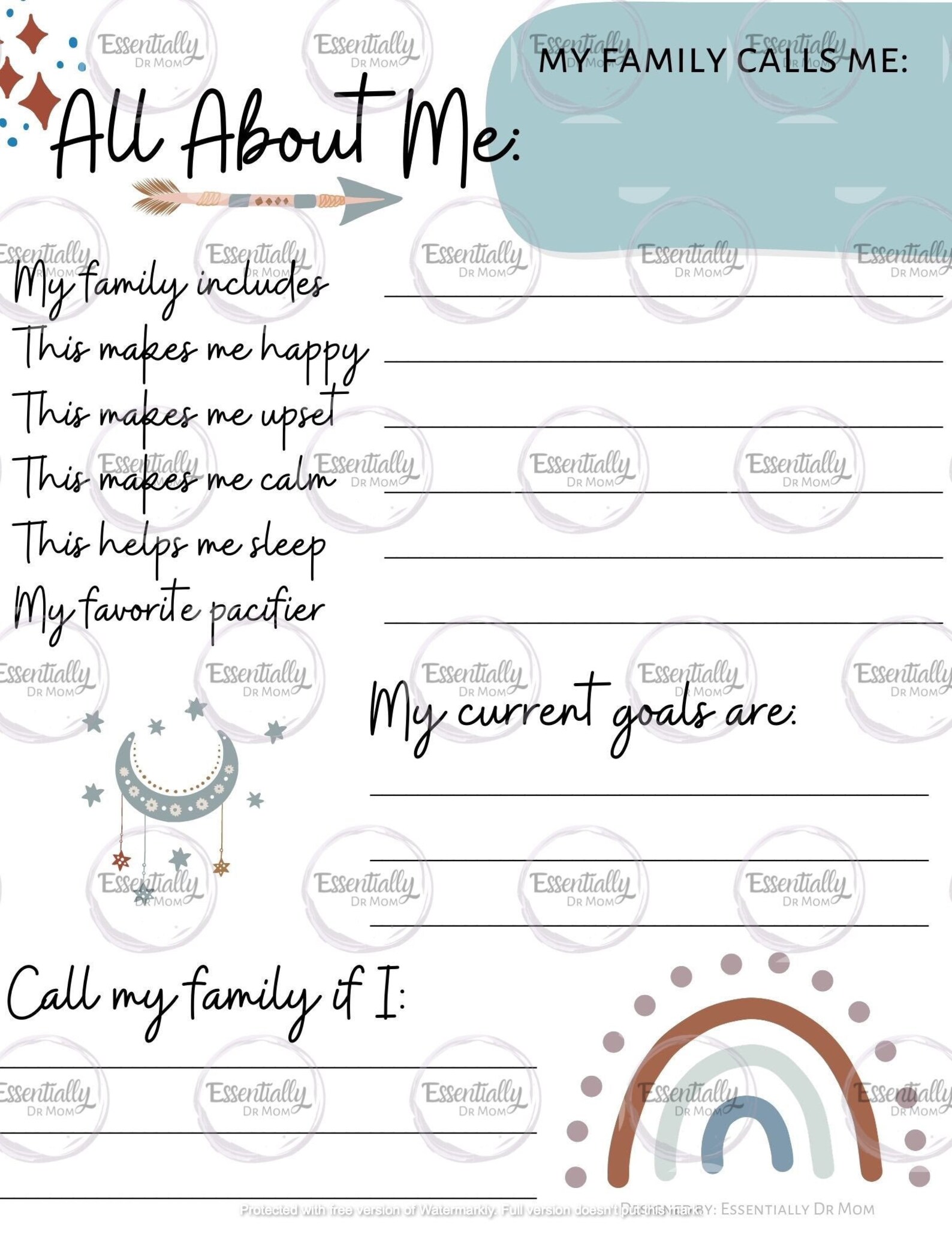Teal all about me fact sheet digital download nicu picu etsy