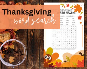 May include: A Thanksgiving word search puzzle with a turkey and fall leaves. The puzzle includes words like "season", "pie", "family", "food", "corn", "apple", "turkey", "feast", "maple", and "fall".