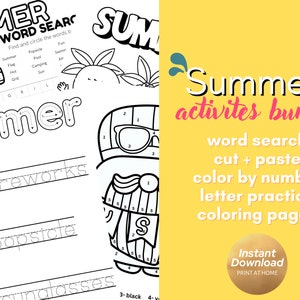 May include: A printable summer activities bundle with a black and white word search, cut and paste, color by number, letter practice, and coloring pages. The bundle includes an image of a snowman wearing sunglasses and a striped hat. The text "Summer activities bundle" is in pink and blue. The text "word search, cut + paste, color by number, letter practice, coloring pages" is in black. The text "Instant Download PRINT AT HOME" is in white on a yellow background.