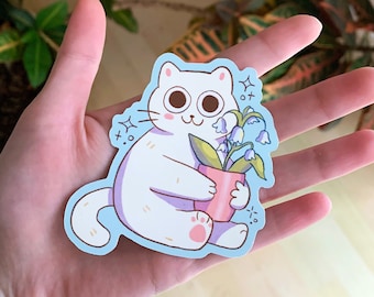 Cat Bloom Matte Vinyl Sticker | cute kawaii kitty hydroflask laptop floral nature plant spring pastel