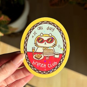 Pegatina de vinilo mate holográfica con diseño de gato del Brunch Club / Linda estética kawaii pastel artista autocuidado amor afirmación positiva humor gracioso