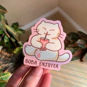 Boba Tea Cat Matte Vinyl Sticker | cute kawaii kitty hydroflask laptop pink bubble tea pastel art illustration meme