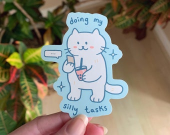Silly Tasks Cat Blue Matte Vinyl Sticker | cute kawaii kitty hydroflask laptop pastel aesthetic humor meme funny gift tiktok positivity art
