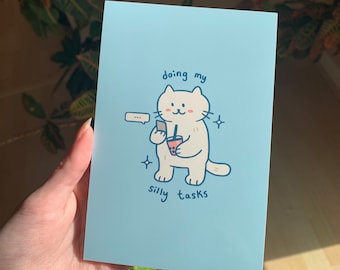 Silly Tasks Cat Art Print  6"x4" 8"x10" | kawaii glossy mini original illustration cute kitty blue pastel art meme funny motivational |