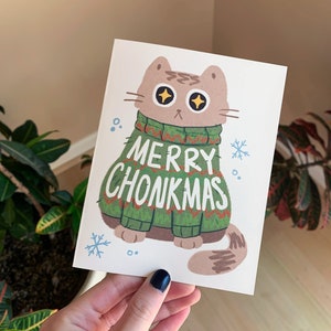 Vrolijke Chonkmas-groetkaart vakantie Chrismtas A2 | illustratie pastel schattig katje cadeau winter december dik meme kunst