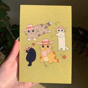 Impression d'art brillante chat de cowboy étoilé 6 x 4 po | Carte postale kawaii de cottagecore dessin numérique d'art d'affiche de bullet journal