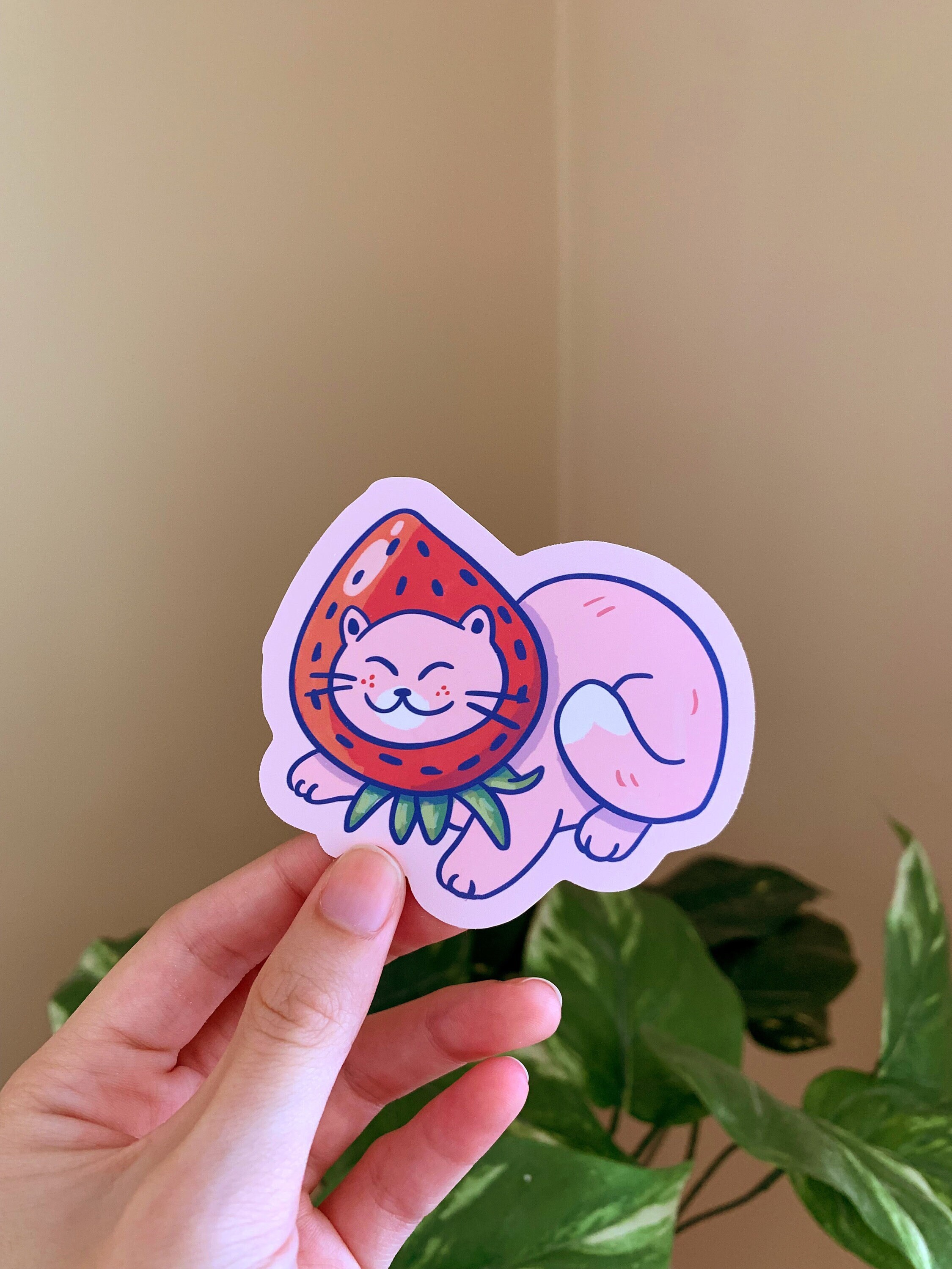 Strawberry Cat Pink Matte Vinyl Sticker | Cute Kawaii Kitty Hydroflask ...
