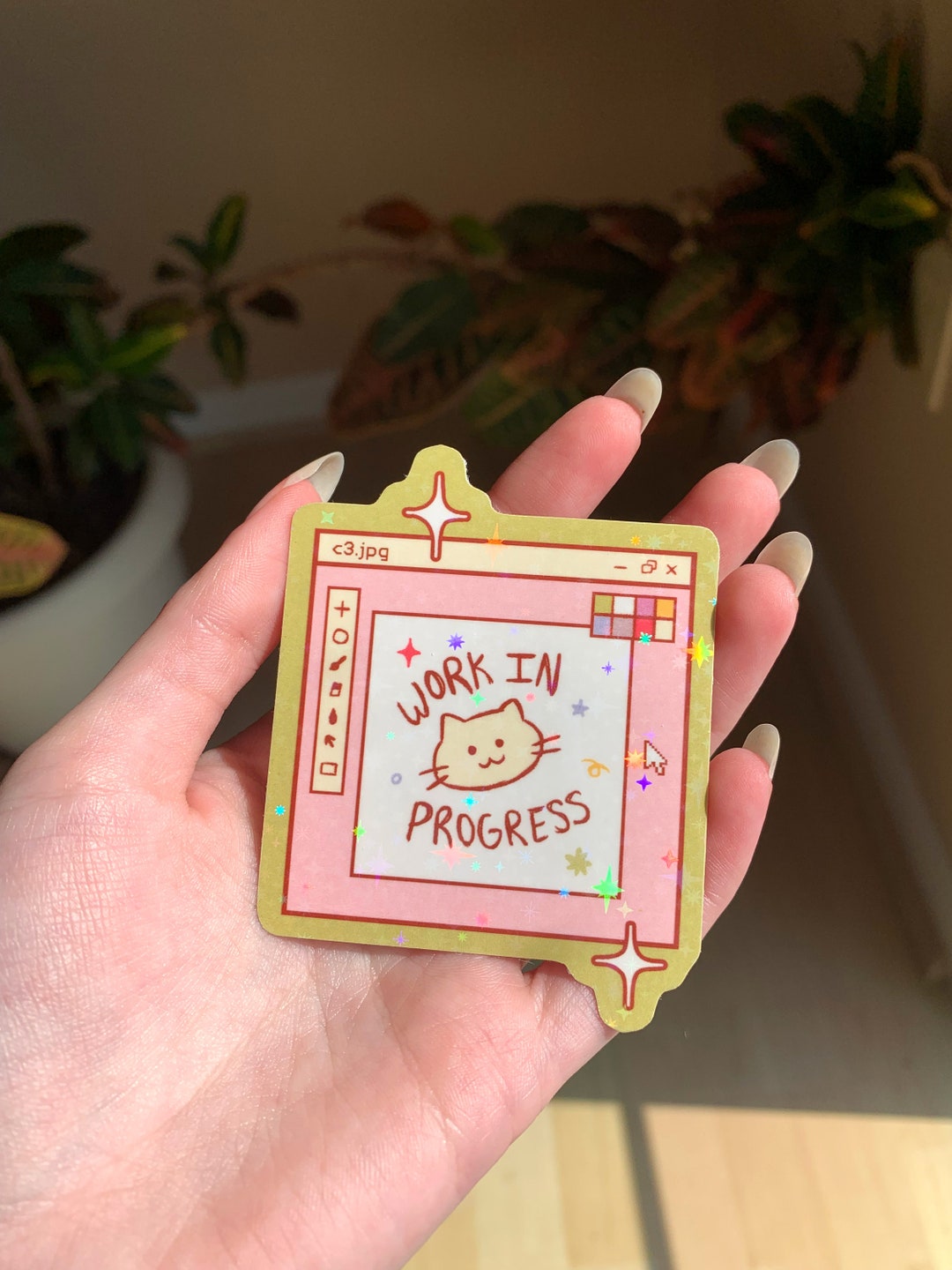 Work in Progress Cat Art Holographic Matte Vinyl Sticker | Cute Kawaii ...