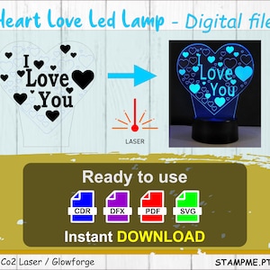 Heart Love led lamp, Zip File instant download, cdr, dxf, pdf, svg, Acrylic led lamp pattern, desk lamp, DIY laser cut, valentines day gift