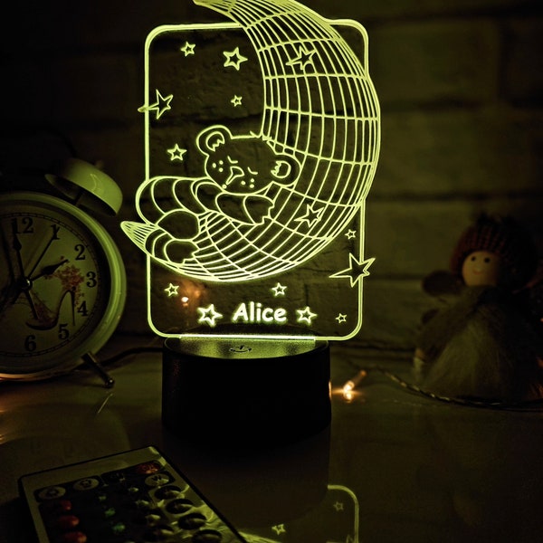 Veilleuse Teddy Bear, Ours sur la lune 3D Illusion, Lampe LED personnalisée, Déco chambre d'enfant, lampe chambre enfant, cadeaux bébé, base télécommandée