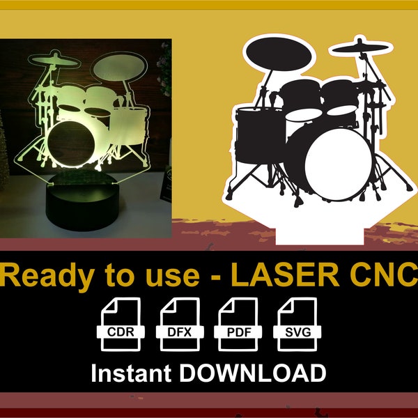 Drums vector, Drumkit Laser file, Digital instant Download, Laser cut and engrave file, SVG, CDR, PDF, Drummer zip cnc router