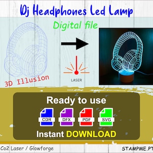 3d illusion DJ Headphones Led Lamp design, svg, cdr, dxf, pdf, instant download, Ready to cut document pattern, vector draw lines