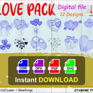 Pode incluir: Um pacote de download digital de 12 designs com tema de amor para corte a laser. Os designs incluem corações, flores e texto. Os designs estão disponíveis nos formatos CDR, DFX, PDF e SVG. O texto na imagem diz "LOVE PACK Arquivo digital 12 Designs".